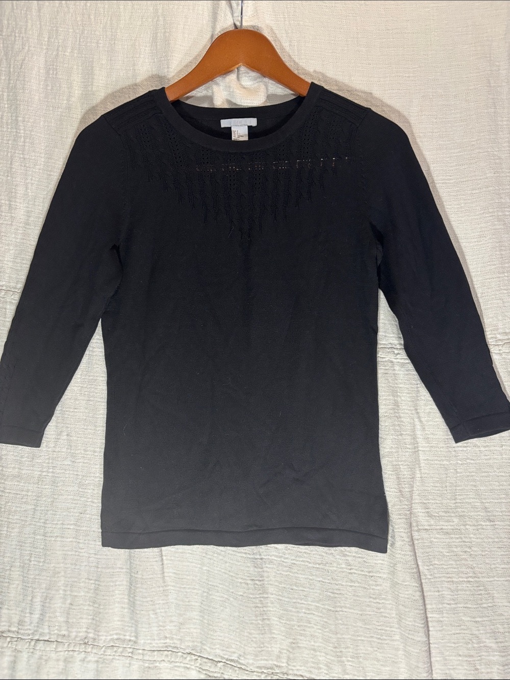 H&M Black Cotton Blend Sweater - Cable Knit Neckline & Arms